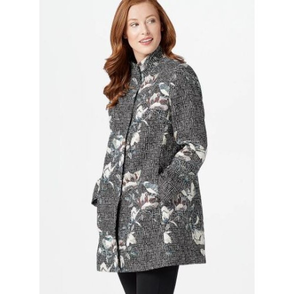 Dennis Basso Womens Size 16‎ Jacket Coat Woven Brocade Floral Black Snap Front